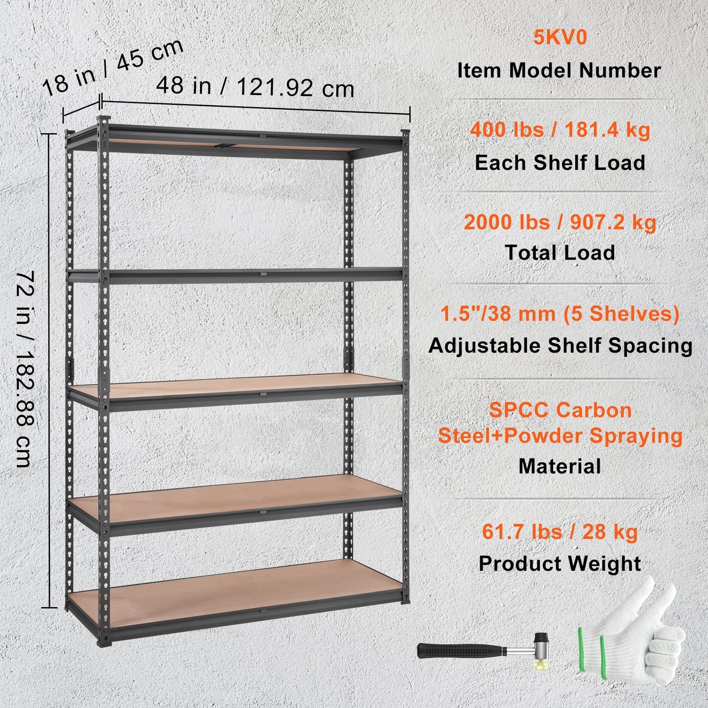 Storage Shelving Unit, 5-Tier Adjustable, 2000 lbs Capacity, Heavy Duty Garage Shelves Metal Organizer Utility Rack, Black, 18" D x 48" W x 72" Hfor Kitchen Pantry Basement Bathroom Laundry