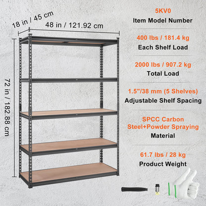 Storage Shelving Unit, 5-Tier Adjustable, 2000 lbs Capacity, Heavy Duty Garage Shelves Metal Organizer Utility Rack, Black, 18" D x 48" W x 72" Hfor Kitchen Pantry Basement Bathroom Laundry