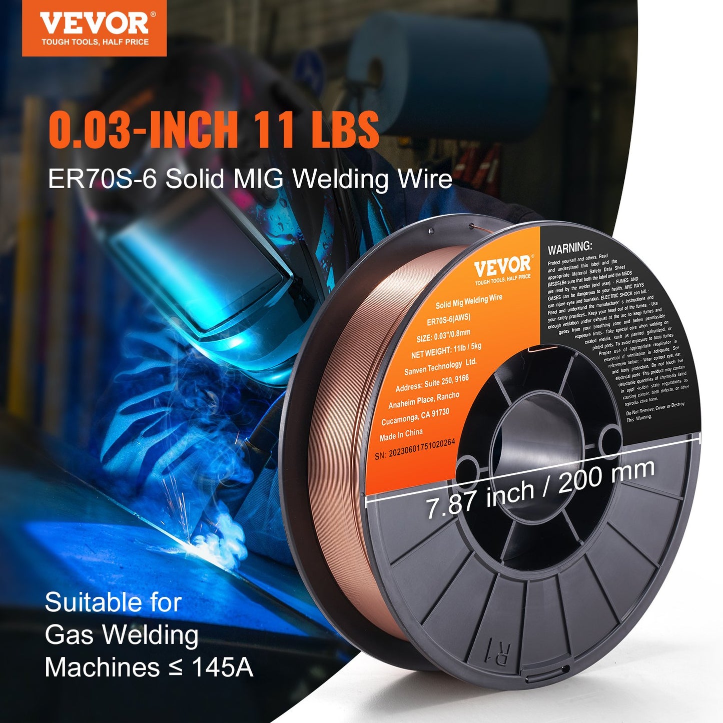 Solid MIG Welding Wire, ER70S-6 0.8mm 5.0kg with Low Splatter and High Levels of Deoxidizers for All Position Gas Welding