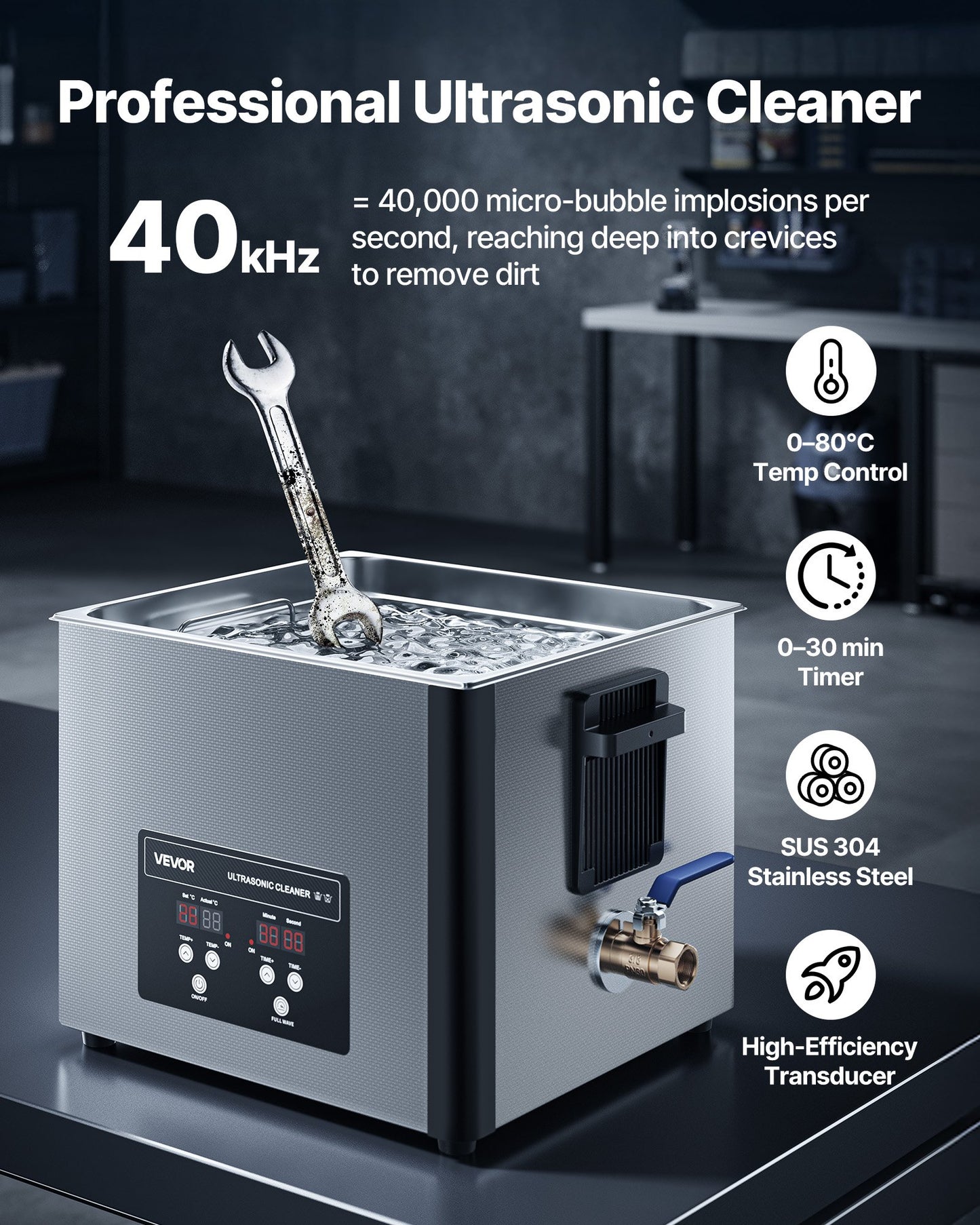 15L Ultrasonic Cleaner, Professional Ultrasonic Cleaner Machine with Cleaning Basket & Digital Display, 240W Stainless Steel 40kHz Industrial Cleaning Machine for Parts, Carburetors, Instruments