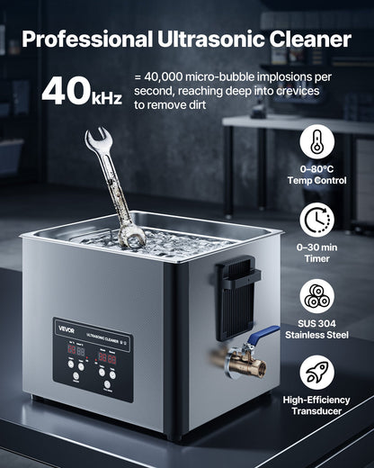 15L Ultrasonic Cleaner, Professional Ultrasonic Cleaner Machine with Cleaning Basket & Digital Display, 240W Stainless Steel 40kHz Industrial Cleaning Machine for Parts, Carburetors, Instruments