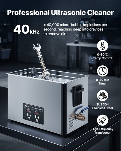30L Ultrasonic Cleaner, Professional Ultrasonic Cleaner Machine with Cleaning Basket & Digital Display, 480W Stainless Steel 40kHz Industrial Cleaning Machine for Parts, Carburetors, Instruments