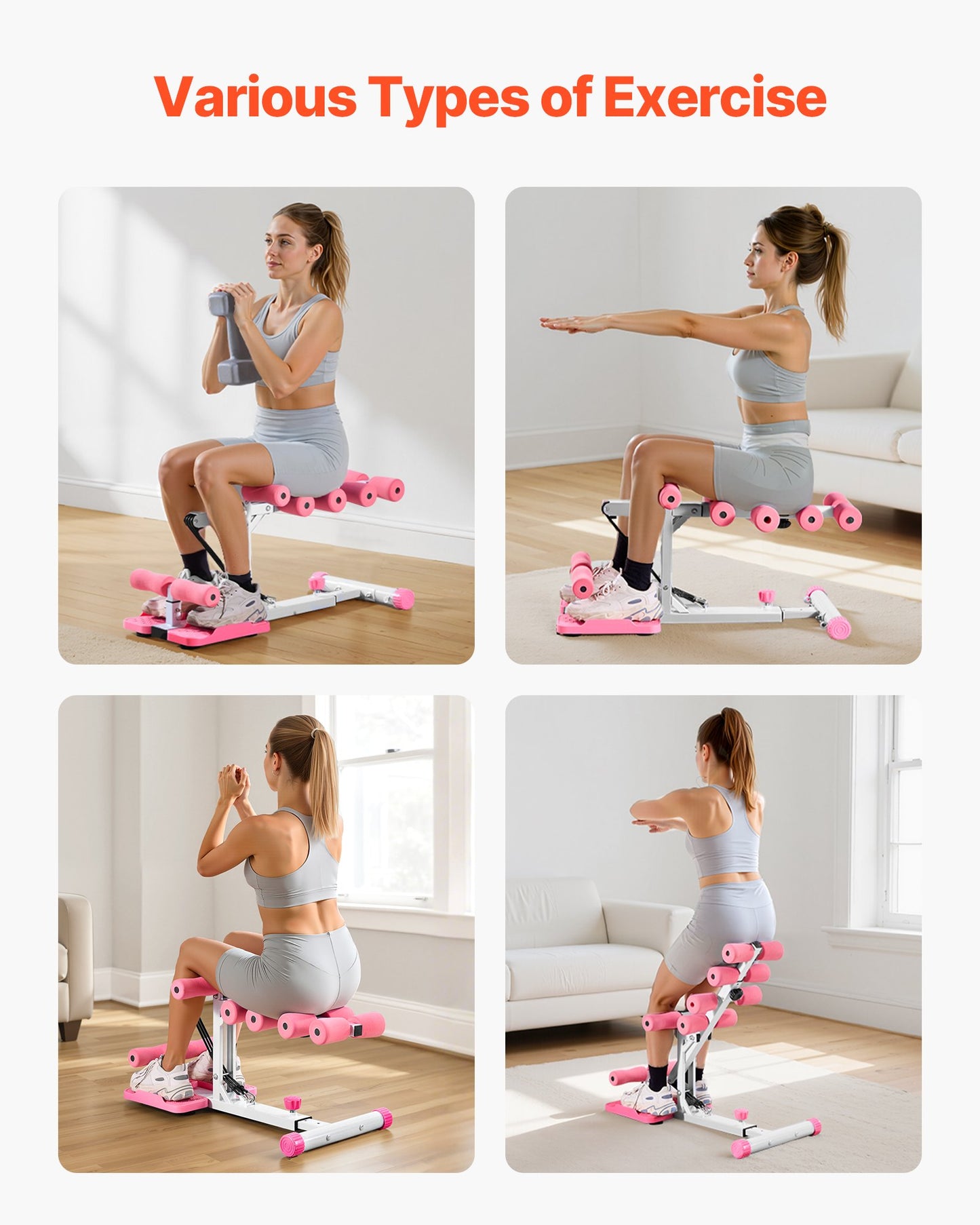 Djup knäböjsmaskin, justerbar sätesträningsmaskin med 3 högstyrkemotståndsband, hopfällbar coreben- och sätesträningsmaskin, armhävningsutrustning för hemmagym, rosa + vit