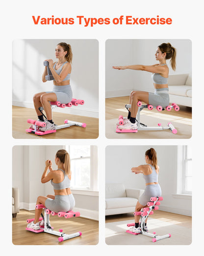 Djup knäböjsmaskin, justerbar sätesträningsmaskin med 3 högstyrkemotståndsband, hopfällbar coreben- och sätesträningsmaskin, armhävningsutrustning för hemmagym, rosa + vit