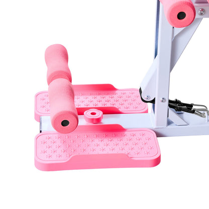 Djup knäböjsmaskin, justerbar sätesträningsmaskin med 3 högstyrkemotståndsband, hopfällbar coreben- och sätesträningsmaskin, armhävningsutrustning för hemmagym, rosa + vit