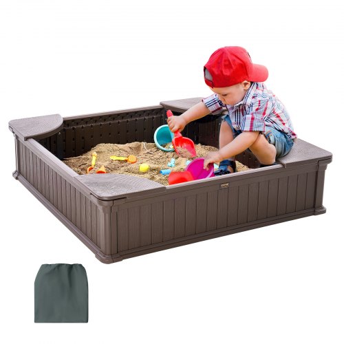 Sandbox with Cover, 48.6x48.6x12.4 in Square Sand Box, HDPE Sand Pit with 4 Corner Seating and Bottom Liner, Kids Sandbox for Outdoor Backyard, Beach, Park, Gift for Boys Girls Ages 3-12, Brown