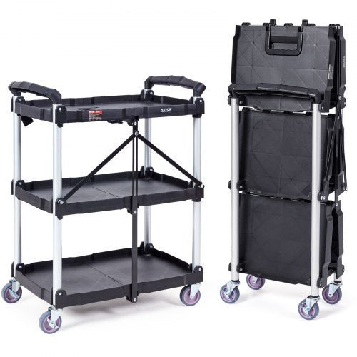 Foldable Utility Service Cart, 3 Shelf 74.8 kg Heavy Duty Plastic Rolling Cart with Lockable Wheels, Ergonomic Handle, Portable Garage Tool Cart for Warehouse/Office/Home(65.1x39.2x83.2 cm)