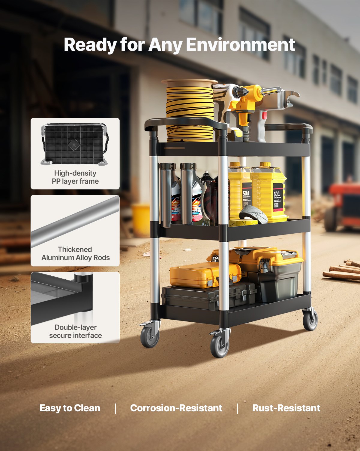Utility Cart, 300 lbs Load Capacity, 3-tier Utility Plastic Cart with 360° Swivel Wheels (2 with Brakes), 24.4 x 16.1-inch Food Service Cart for Warehouse, Office, Home, Restaurant, Kitchen