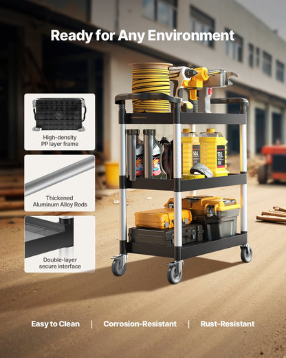 Utility Cart, 300 lbs Load Capacity, 3-tier Utility Plastic Cart with 360° Swivel Wheels (2 with Brakes), 24.4 x 16.1-inch Food Service Cart for Warehouse, Office, Home, Restaurant, Kitchen