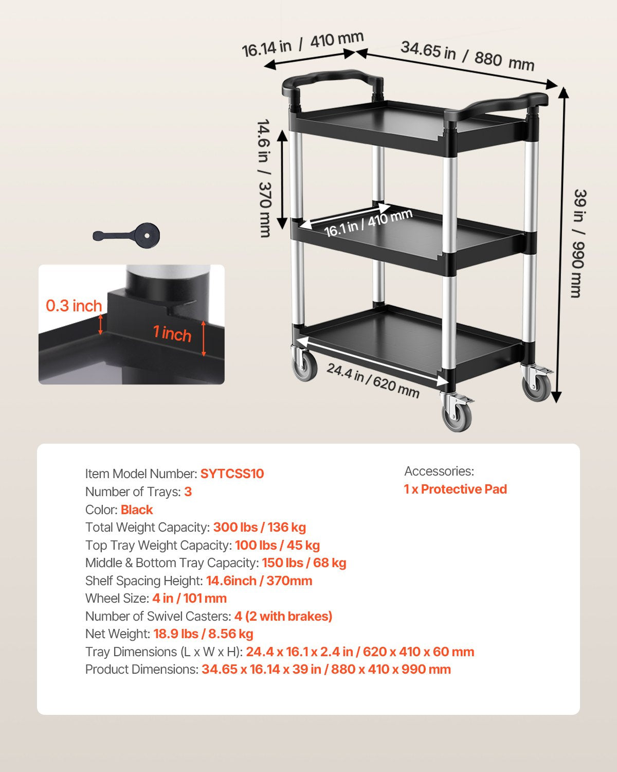Utility Cart, 300 lbs Load Capacity, 3-tier Utility Plastic Cart with 360° Swivel Wheels (2 with Brakes), 24.4 x 16.1-inch Food Service Cart for Warehouse, Office, Home, Restaurant, Kitchen