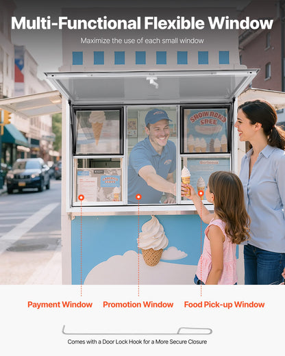 Concession Window 152x92 cm, Aluminum Alloy Service Window for Food Truck, Up to 85 Degrees Stand Serving Window with 6 Sliding Windows, Awning Door, and Drag Hook, for Concession Trailers