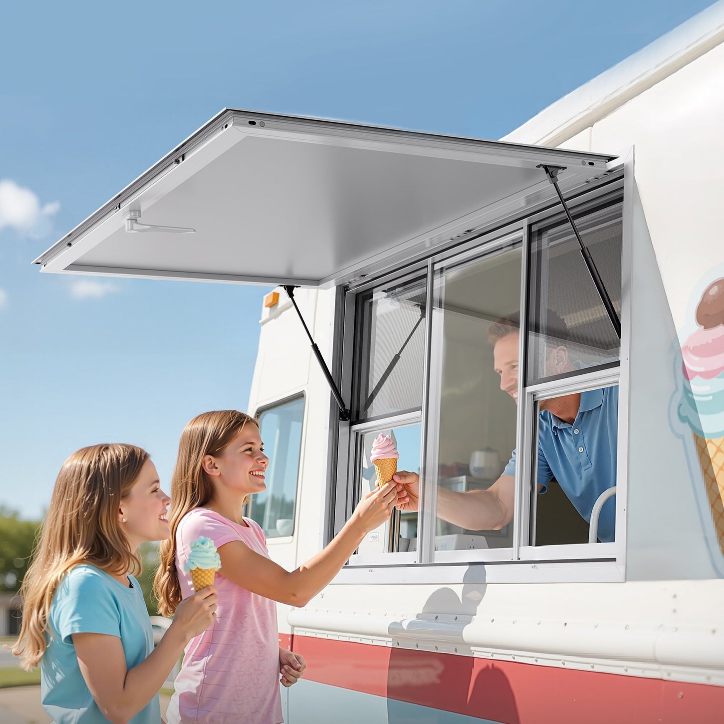 Concession Window 152x92 cm, Aluminum Alloy Service Window for Food Truck, Up to 85 Degrees Stand Serving Window with 6 Sliding Windows, Awning Door, and Drag Hook, for Concession Trailers