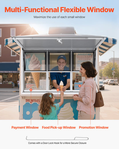 Concession Window 152x92 cm, Aluminum Alloy Service Window for Food Truck, Up to 85 Degrees Stand Serving Window with 6 Sliding Windows, Awning Door, and Drag Hook, for Concession Trailers