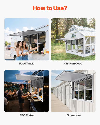 Concession Window 152x92 cm, Aluminum Alloy Service Window for Food Truck, Up to 85 Degrees Stand Serving Window with 6 Sliding Windows, Awning Door, and Drag Hook, for Concession Trailers