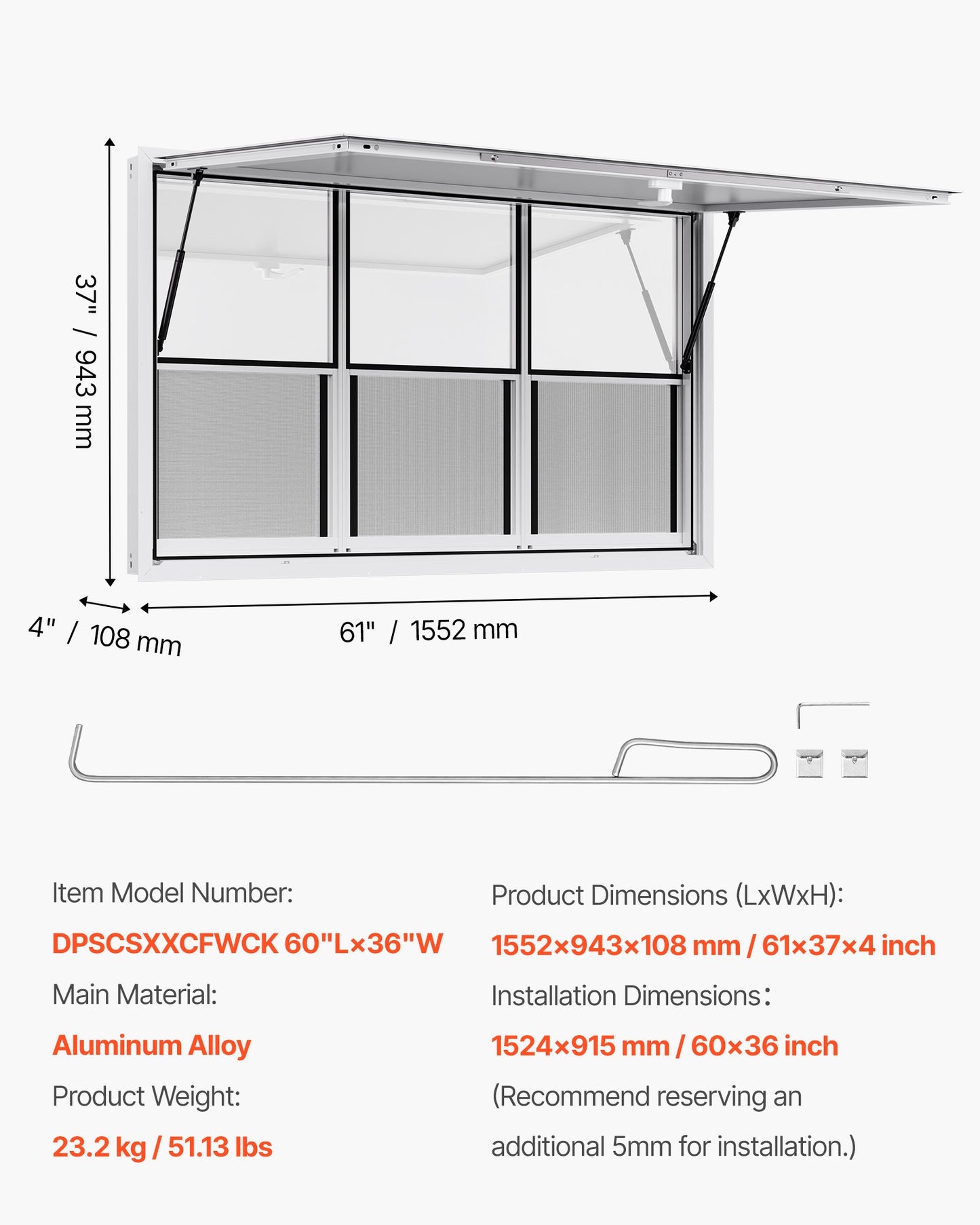 Concession Window 152x92 cm, Aluminum Alloy Service Window for Food Truck, Up to 85 Degrees Stand Serving Window with 6 Sliding Windows, Awning Door, and Drag Hook, for Concession Trailers