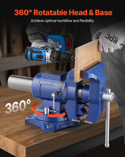 Heavy Duty Bench Vise, 165 mm / 6.5" Jaw Width, 125 mm/5" Max Jaw Opening Multi-Purpose Ductile Iron Bench Vise with Anvil, 360° Swivel Base Head, 3" Throat, 2549 kg/5620 lbs Clamp Force, for Pipe Repairing Metalworking