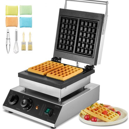 Commercial Waffle Maker, 2PCS Rectangle Waffle Baker Machine, 2000W Non-Stick Stainless Steel Belgian Waffle Iron with Temp and Time Control, Handle, for Restaurant Bakery Snack Bar Family