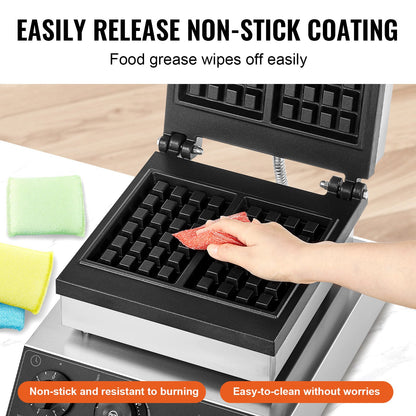 Commercial Waffle Maker, 2PCS Rectangle Waffle Baker Machine, 2000W Non-Stick Stainless Steel Belgian Waffle Iron with Temp and Time Control, Handle, for Restaurant Bakery Snack Bar Family