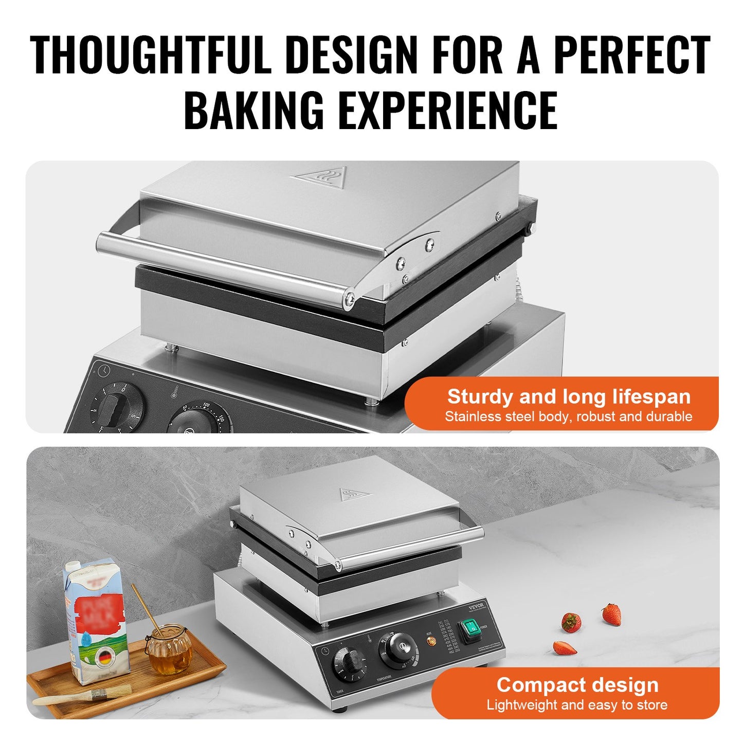 Commercial Waffle Maker, 2PCS Rectangle Waffle Baker Machine, 2000W Non-Stick Stainless Steel Belgian Waffle Iron with Temp and Time Control, Handle, for Restaurant Bakery Snack Bar Family