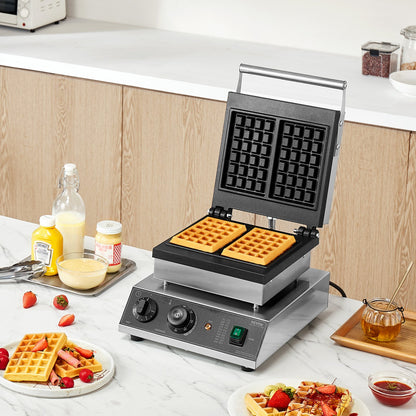 Commercial Waffle Maker, 2PCS Rectangle Waffle Baker Machine, 2000W Non-Stick Stainless Steel Belgian Waffle Iron with Temp and Time Control, Handle, for Restaurant Bakery Snack Bar Family