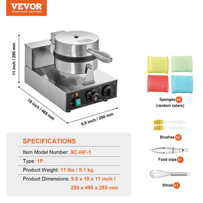 Commercial Waffle Maker, 1230W Round Waffle Baker Machine, Non-Stick Stainless Steel Belgian Waffle Iron with Temperature and Time Control, Handle, for Restaurant Bakery Snack Bar Family