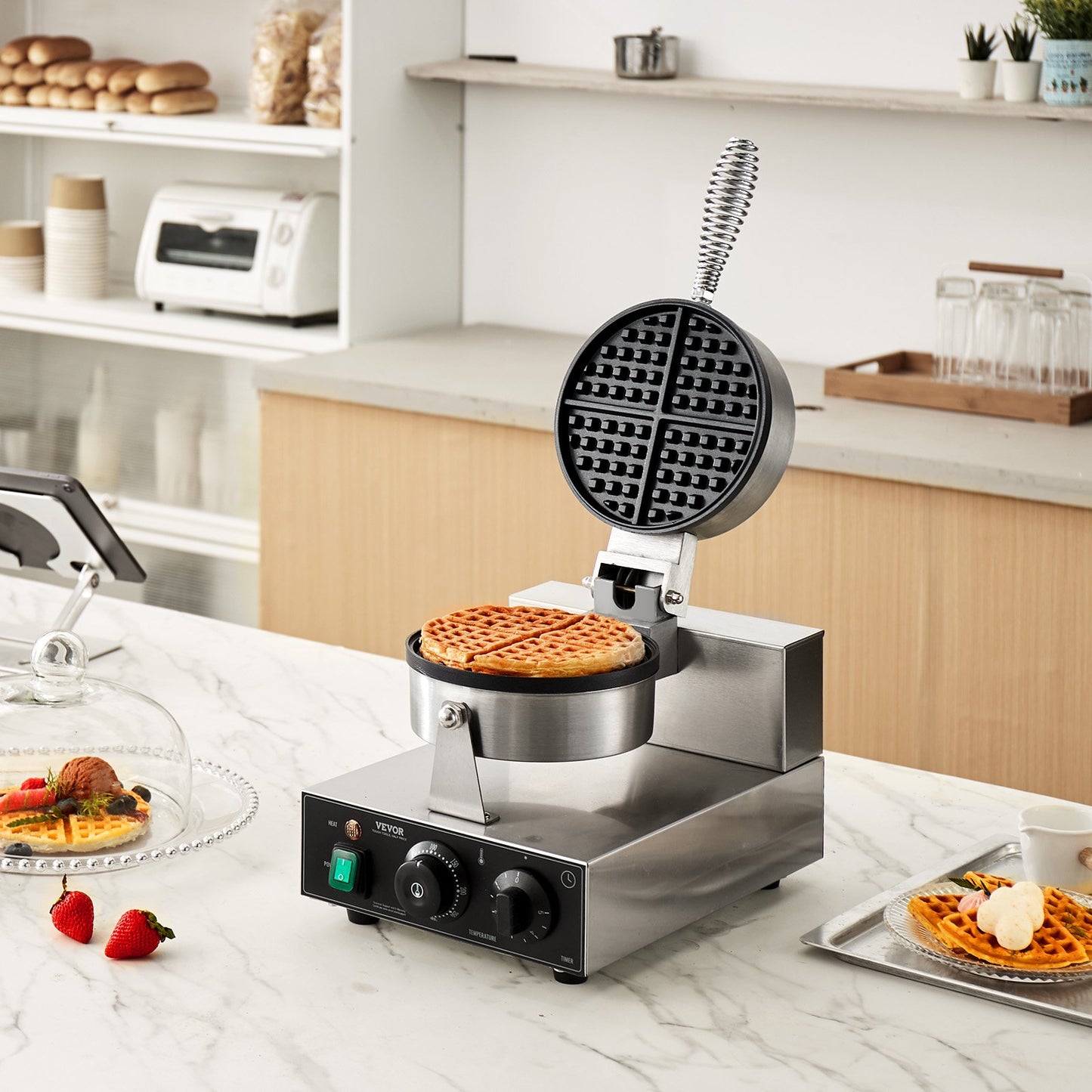 Commercial Waffle Maker, 1230W Round Waffle Baker Machine, Non-Stick Stainless Steel Belgian Waffle Iron with Temperature and Time Control, Handle, for Restaurant Bakery Snack Bar Family