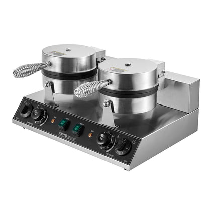 Kommersiell våffeljärn, rund våffeljärn med dubbla huvuden, 2460W non-stick belgiskt våffeljärn i rostfritt stål med temperatur- och tidskontroll, handtag, för restaurang, bageri, snackbarfamilj