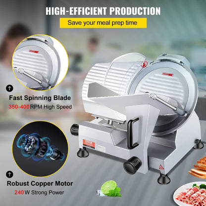 Commercial Meat Slicer, 240W Electric Deli Food Slicer, 10 inch Carbon Steel Blade Electric Food Slicer, 350-400RPM Meat Slicer, 0 - 0.47 inch Adjustable Thickness for Commercial and Home Use