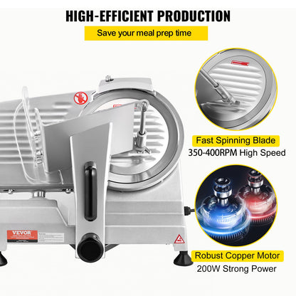Commercial Meat Slicer, 200W Electric Deli Food Slicer, 350-400RPM Meat Slicer with 8" Carbon Steel Blade, 0 - 0.47 inch Adjustable Thickness Electric Meat Slicer for Home and Commercial Use