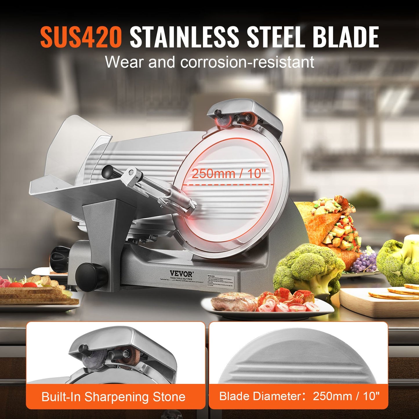 Meat Slicer, 340W Electric Deli Food Slicer with 25.4 cm SUS420 Stainless Steel Blade and Built-in Sharpening Stone, 0-0.6 inch Adjustable Thickness for Commercial and Home Use, Cut Meat and Cheese