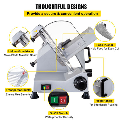 Commercial Meat Slicer, 320W Electric Deli Food Slicer, 12 inch Carbon Steel Blade Electric Food Slicer, 350-400RPM Meat Slicer, 0-0.6 inch Adjustable Thickness for Meat, Cheese, Veggies, Ham