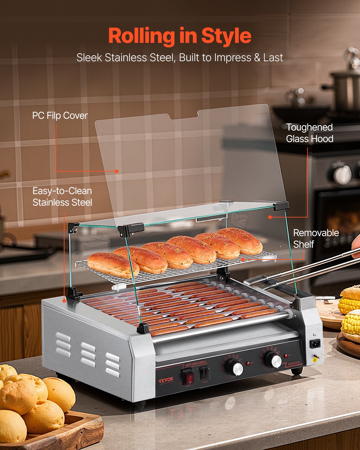 Hot Dog Roller, 30 Hot Dog 11 Rollers, Stainless Steel Sausage Grill Cooker, 2200W Commercial Hot Dog Machine with Dual Temp Control, Cover, Side Storage Box, Removable Shelf & Oil Drip Tray