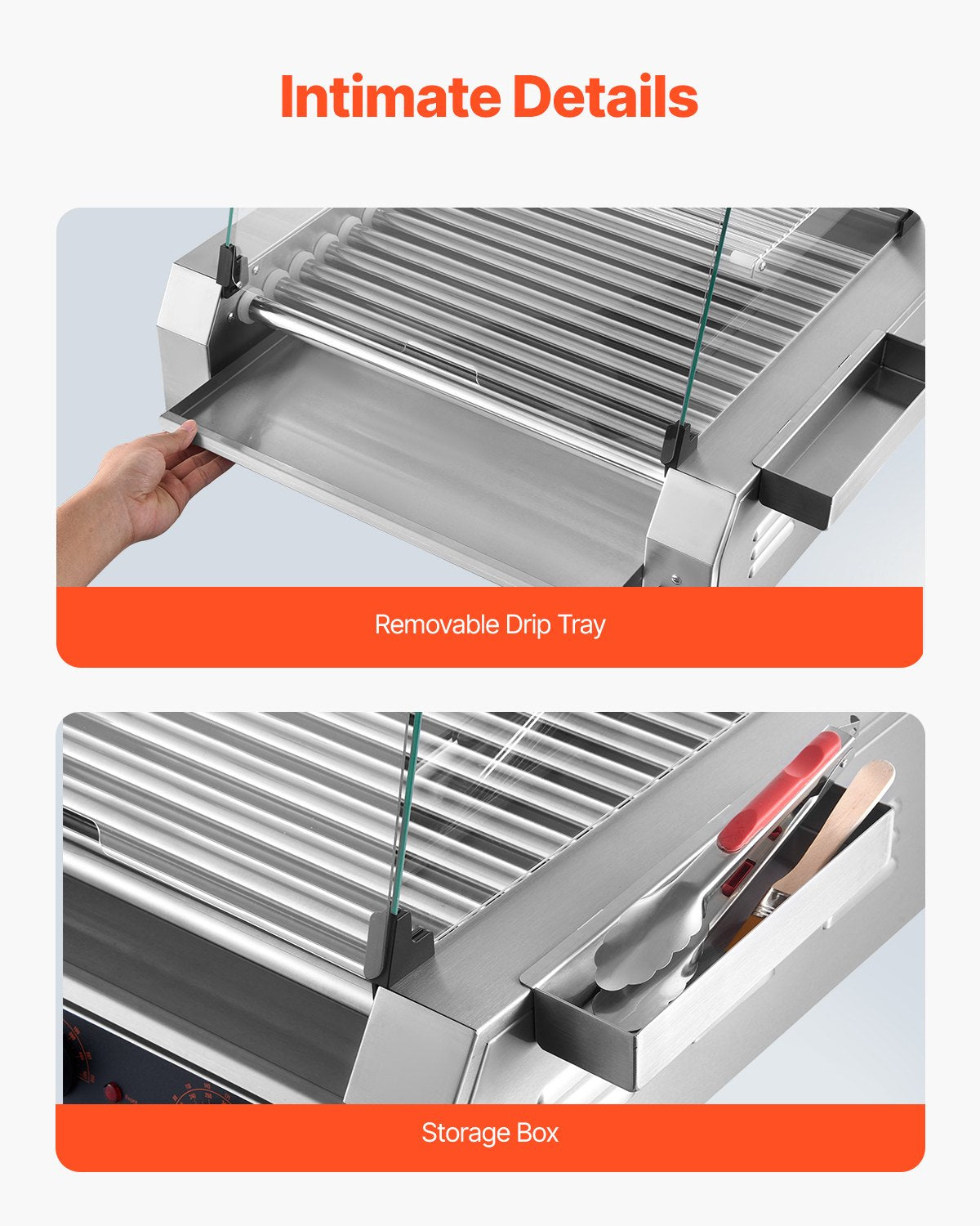 Hot Dog Roller, 30 Hot Dog 11 Rollers, Stainless Steel Sausage Grill Cooker, 2200W Commercial Hot Dog Machine with Dual Temp Control, Cover, Side Storage Box, Removable Shelf & Oil Drip Tray