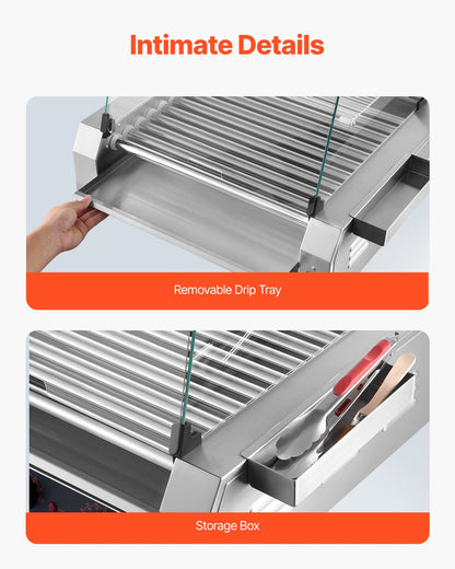 Hot Dog Roller, 30 Hot Dog 11 Rollers, Stainless Steel Sausage Grill Cooker, 2200W Commercial Hot Dog Machine with Dual Temp Control, Cover, Side Storage Box, Removable Shelf & Oil Drip Tray