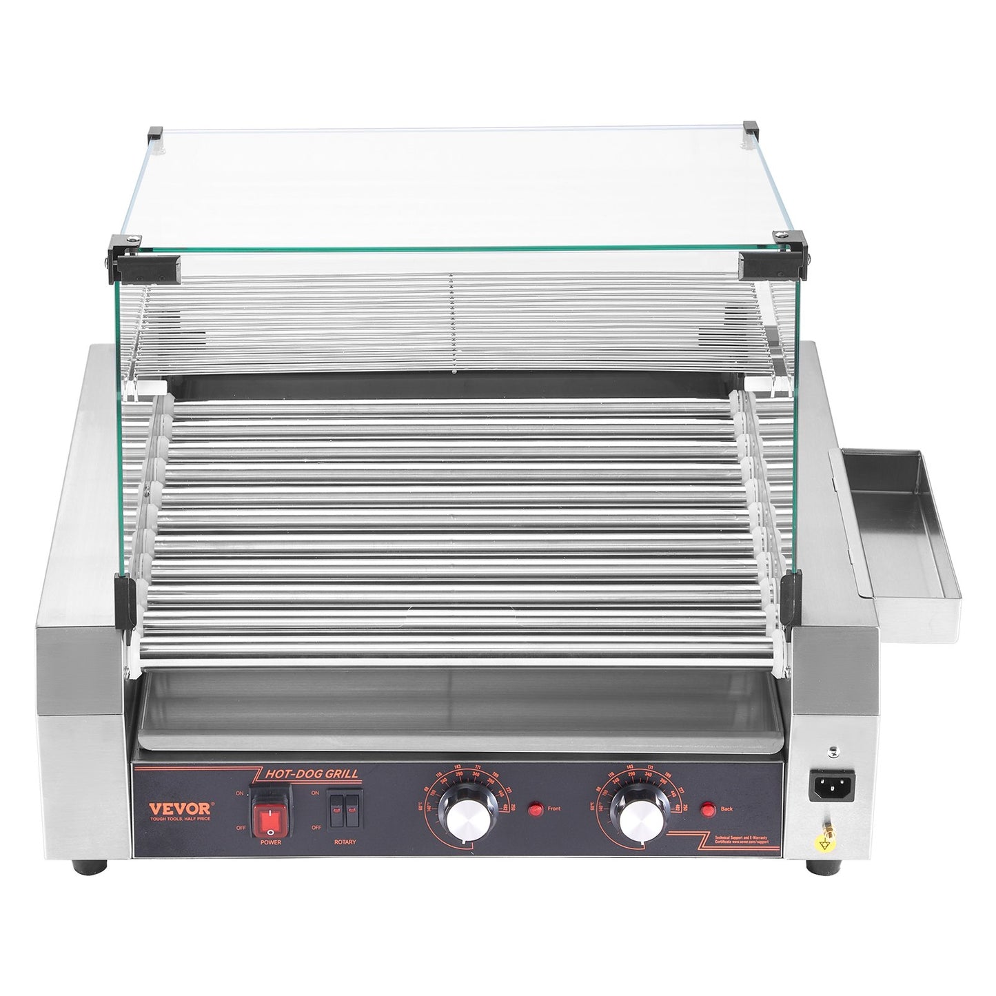 Hot Dog Roller, 30 Hot Dog 11 Rollers, Stainless Steel Sausage Grill Cooker, 2200W Commercial Hot Dog Machine with Dual Temp Control, Cover, Side Storage Box, Removable Shelf & Oil Drip Tray