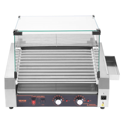 Hot Dog Roller, 30 Hot Dog 11 Rollers, Stainless Steel Sausage Grill Cooker, 2200W Commercial Hot Dog Machine with Dual Temp Control, Cover, Side Storage Box, Removable Shelf & Oil Drip Tray