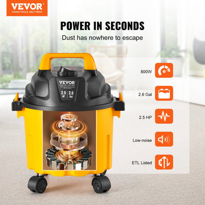Wet/Dry Shop Vacuum, 10L 2 Peak HP, Efficient Suction & Blower w/ Nozzle,Casters, Portable Shop Vacuum with Attachments, Lightweight Shop Vac Ideal for Carpet, Debris, Pet Hair, Yellow
