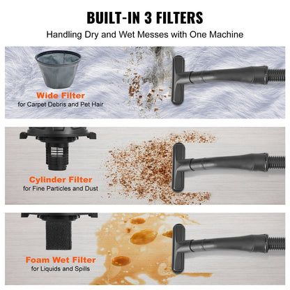 Wet/Dry Shop Vacuum, 10L 2 Peak HP, Efficient Suction & Blower w/ Nozzle,Casters, Portable Shop Vacuum with Attachments, Lightweight Shop Vac Ideal for Carpet, Debris, Pet Hair, Yellow