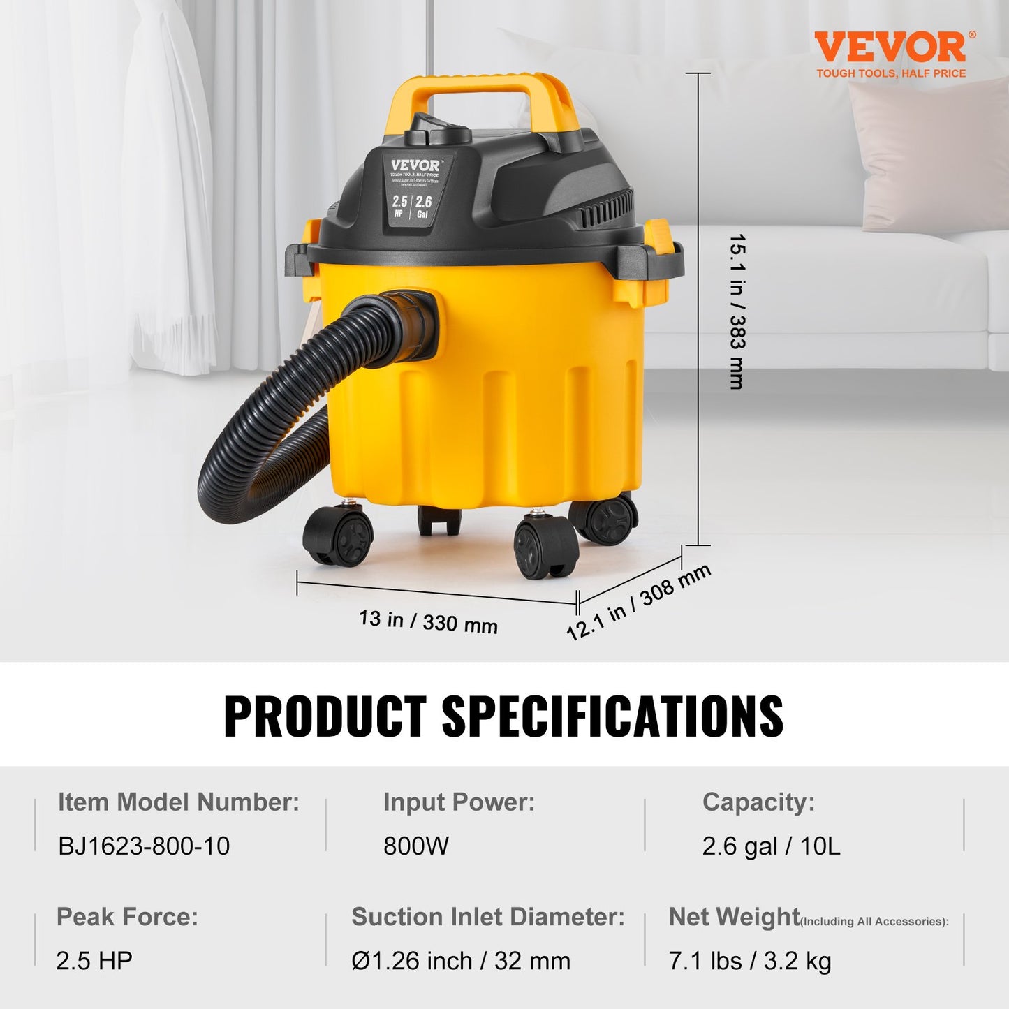 Wet/Dry Shop Vacuum, 10L 2 Peak HP, Efficient Suction & Blower w/ Nozzle,Casters, Portable Shop Vacuum with Attachments, Lightweight Shop Vac Ideal for Carpet, Debris, Pet Hair, Yellow