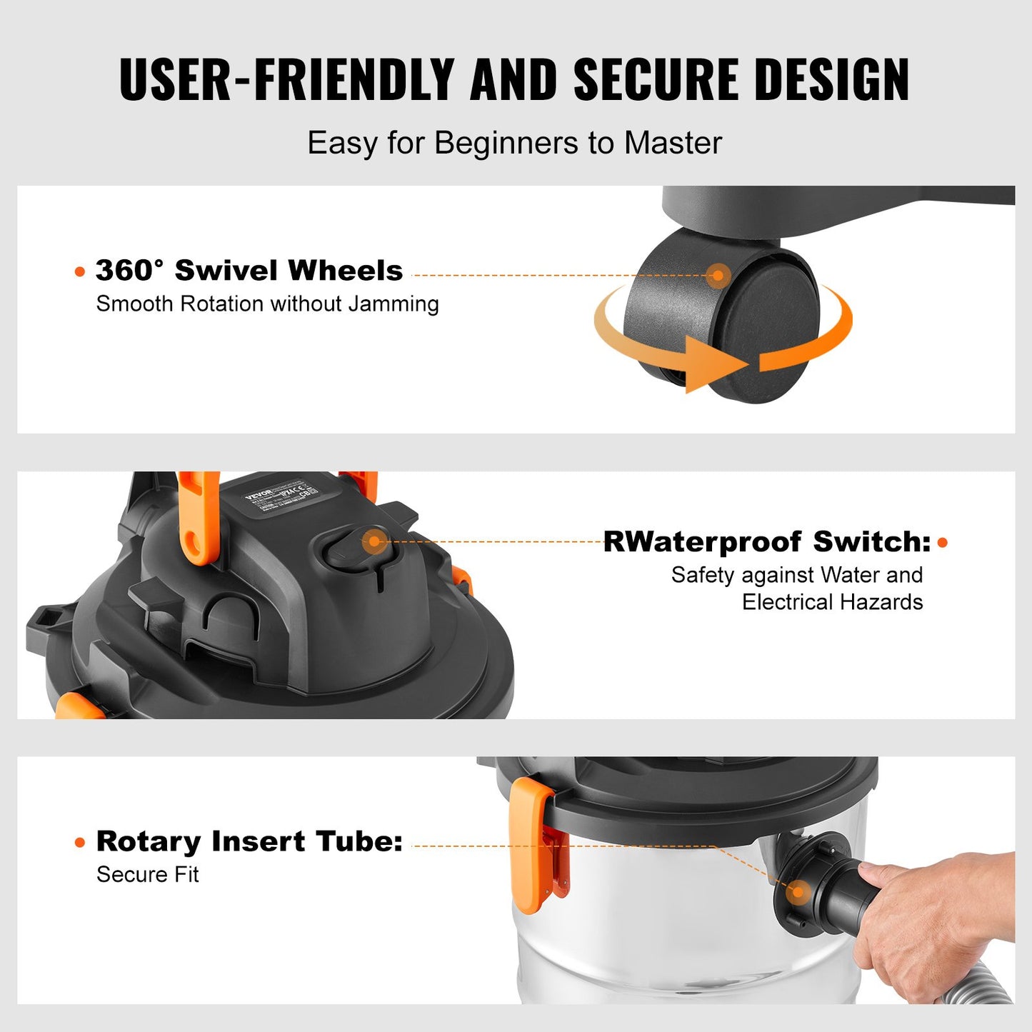 Stainless Steel Wet Dry Shop Vacuum, 8 Gallon 6 Peak HP Wet/Dry Vac, Powerful Suction with Blower Function with Attachments 2-in-1 Crevice Nozzle, Small Shop Vac Perfect for Carpet Debris, Pet Hair, Car