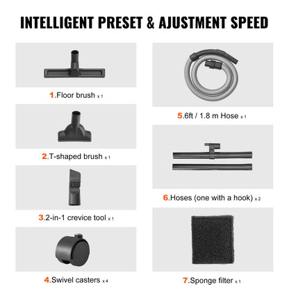 Stainless Steel Wet Dry Shop Vacuum, 8 Gallon 6 Peak HP Wet/Dry Vac, Powerful Suction with Blower Function with Attachments 2-in-1 Crevice Nozzle, Small Shop Vac Perfect for Carpet Debris, Pet Hair, Car