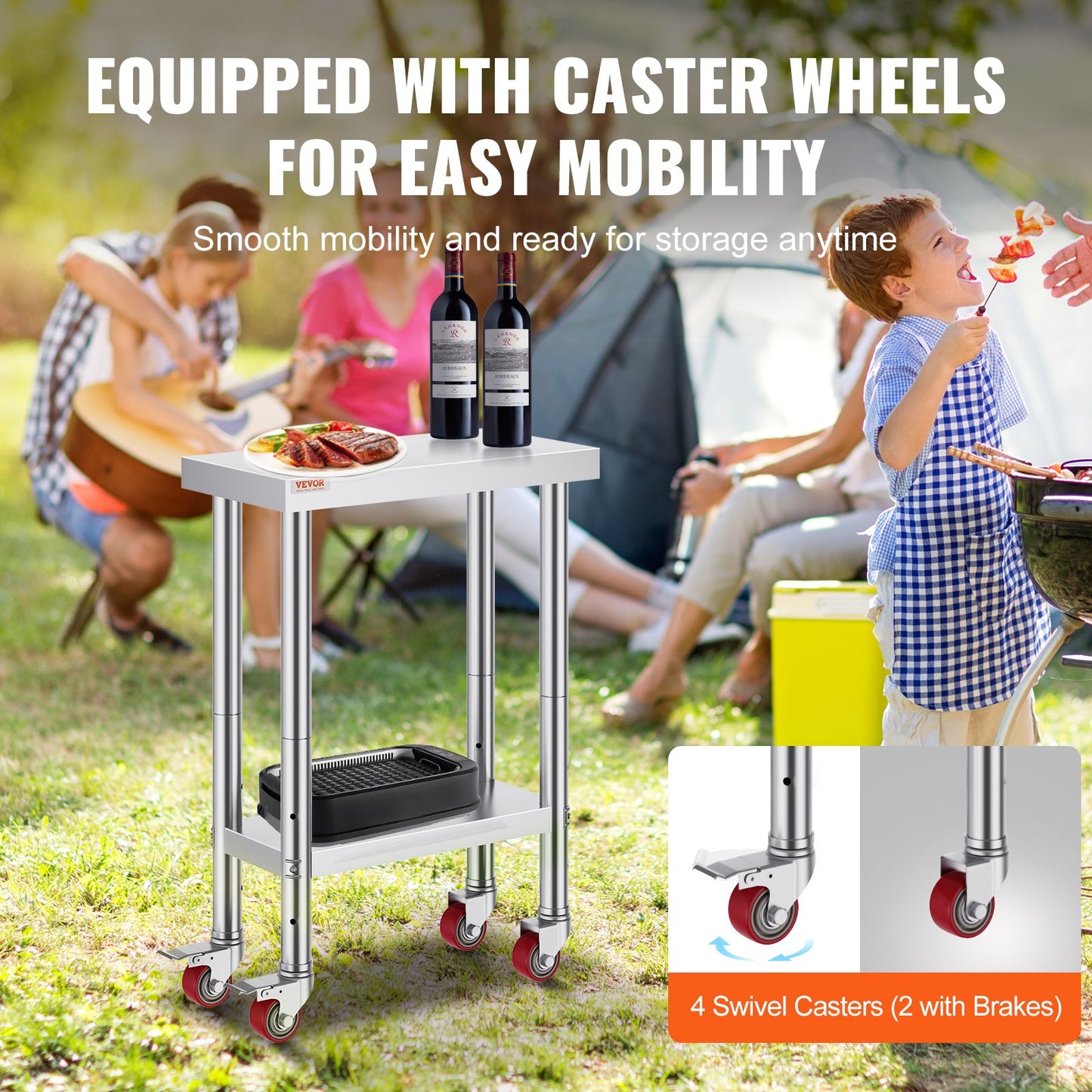 Stainless Steel Catering Work Table 12x24 Inch Commercial Work Table with 4 Wheels Commercial Food Prep Workbench with Flexible Adjustment Shelf for Kitchen Prep Table