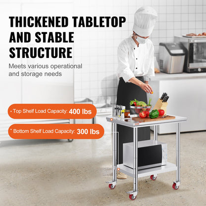 Stainless Steel Catering Work Table 30x24 Inch Commercial Work Table with 4 Wheels Commercial Food Prep Workbench with Flexible Adjustment Shelf for Kitchen Prep Table