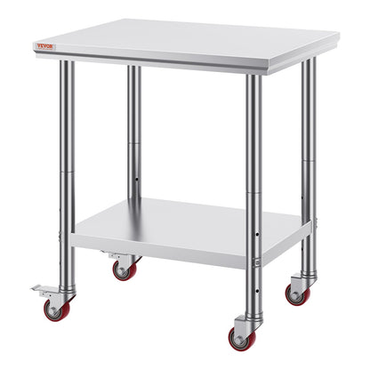 Stainless Steel Catering Work Table 30x24 Inch Commercial Work Table with 4 Wheels Commercial Food Prep Workbench with Flexible Adjustment Shelf for Kitchen Prep Table