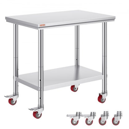 Stainless Steel Catering Work Table 36x24 Inch Commercial Work Table with 4 Wheels Commercial Food Prep Workbench with Flexible Adjustment Shelf for Kitchen Prep Table