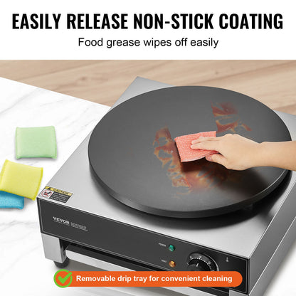 Electric Crepe Maker, 16-Inch Commercial Crepe Machine, 3000W Flat Plate Crepe Griddle, Nonstick Stainless Steel Pancake Making Machine, Desktop Circular Cereals Pancake Stove with Temp Control