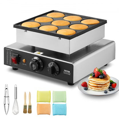 Holländsk pannkaksjärn, 9 delar 76 mm diameter Dorayaki-bagarmaskin, 850 W kommersiell elektrisk poffertjesgrill, non-stick rostfritt stål, temperatur- och tidskontroll, för hemmakök, restaurang, snackbar