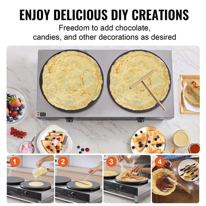 Electric Crepe Maker, 16-Inch Double Head Commercial Crepe Machine, 3400W Flat Plate Crepe Griddle, Nonstick Stainless Steel Pancake Making, Desktop Circular Cereals Pancake Stove, Temp Control