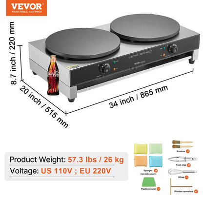 Electric Crepe Maker, 16-Inch Double Head Commercial Crepe Machine, 3400W Flat Plate Crepe Griddle, Nonstick Stainless Steel Pancake Making, Desktop Circular Cereals Pancake Stove, Temp Control