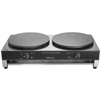 Electric Crepe Maker, 16-Inch Double Head Commercial Crepe Machine, 3400W Flat Plate Crepe Griddle, Nonstick Stainless Steel Pancake Making, Desktop Circular Cereals Pancake Stove, Temp Control
